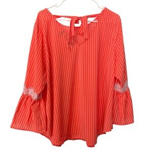 Du Jour Womens XL Orange Flutter Sleeve Blouse Lace Accent Boho Y2K Striped